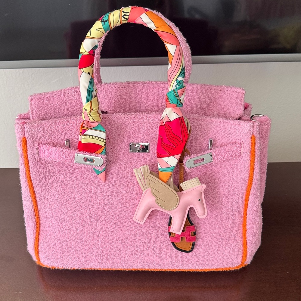 GORGEOUS TERRY CLOTH Pink & Orange Designer Inspired Handbag with Twilly & Charm